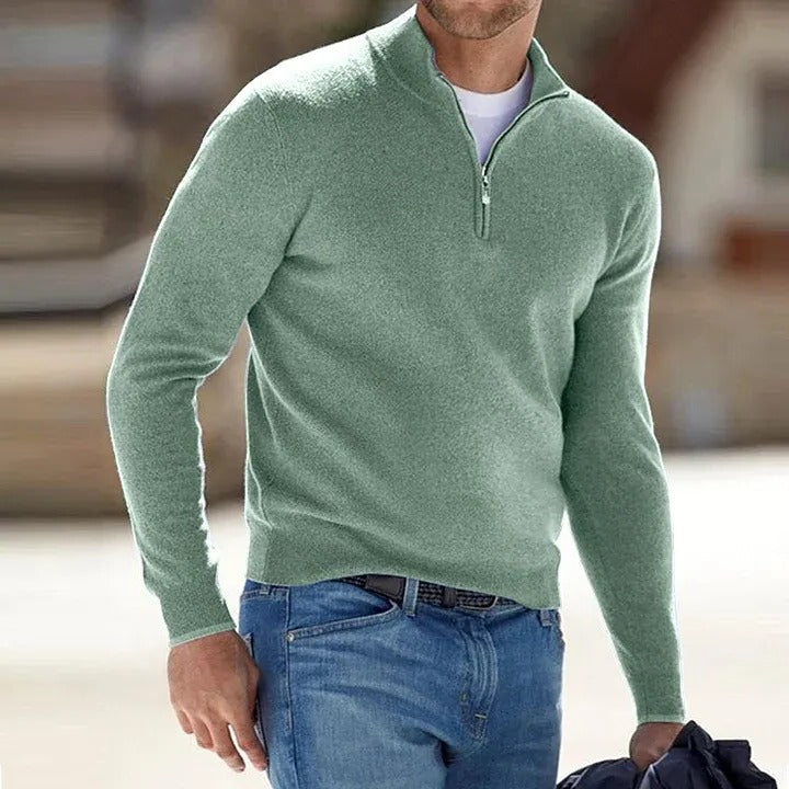 Men's Belro cashmere zipper sweater, showcasing a cozy beige knit with a front zipper and classic fit, perfect for casual wear.