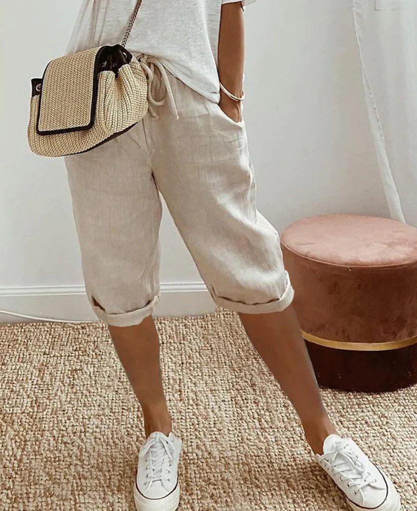 Belro women's linen-look knee breeches, trendy fashionable leggings with a stylish, textured appearance, perfect for casual wear