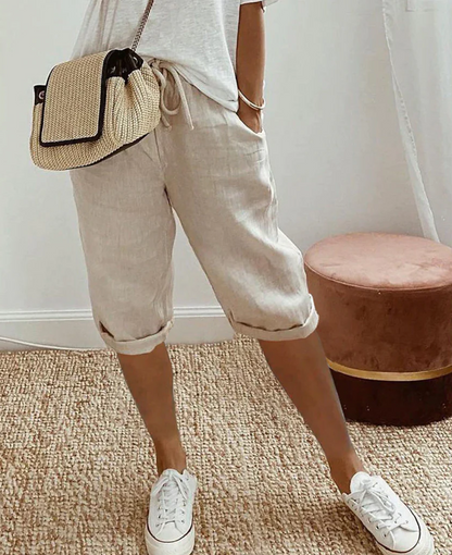 Belro women's linen-look knee breeches, trendy fashionable leggings with a stylish, textured appearance, perfect for casual wear