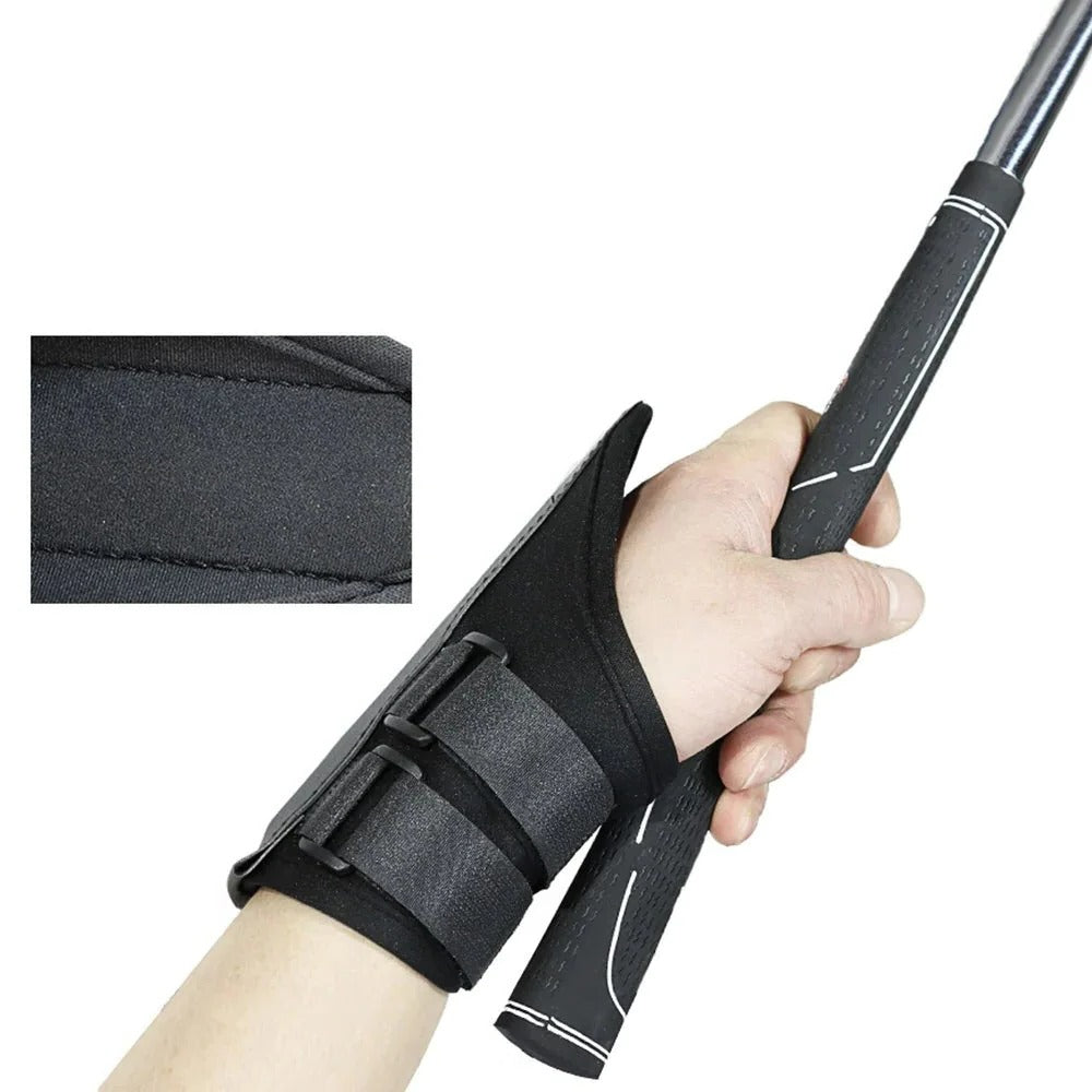 Belro golf wrist brace band trainer for swing alignment, shown on a golfer's wrist, designed to improve golf swing posture.
