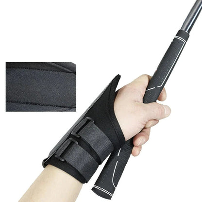 Belro golf wrist brace band trainer for swing alignment, shown on a golfer's wrist, designed to improve golf swing posture.