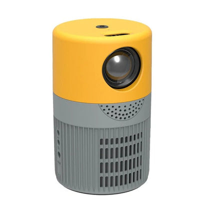 Belro portable mini movie projector displaying a colorful movie scene on a wall in a dark room. Compact electronics for entertainment.