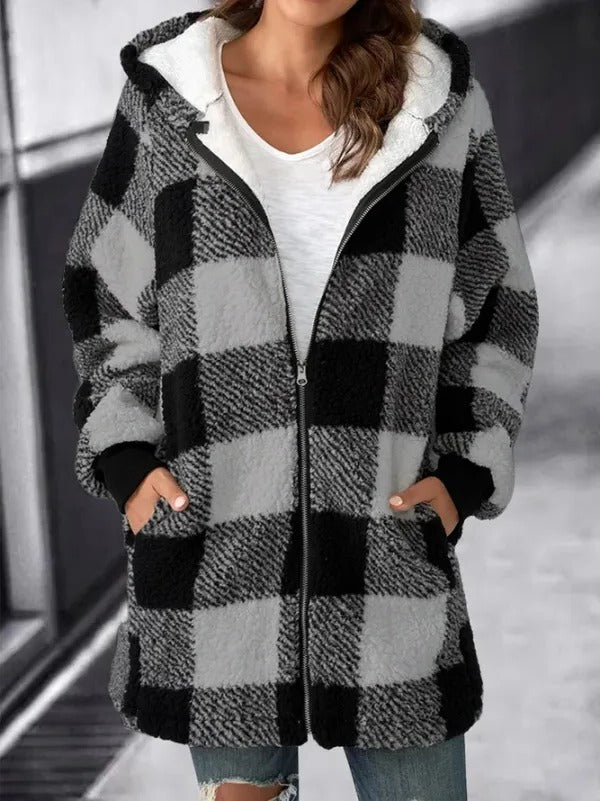 Women’s oversized plaid hoodie overcoat by Belro, casual loose-fitting activewear with a relaxed fit and stylish plaid pattern.