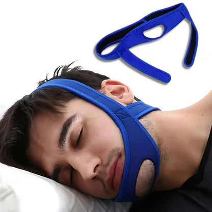 Belro full head chin strap for snoring relief and sleep apnea support, showing adjustable straps and comfortable fit for night use