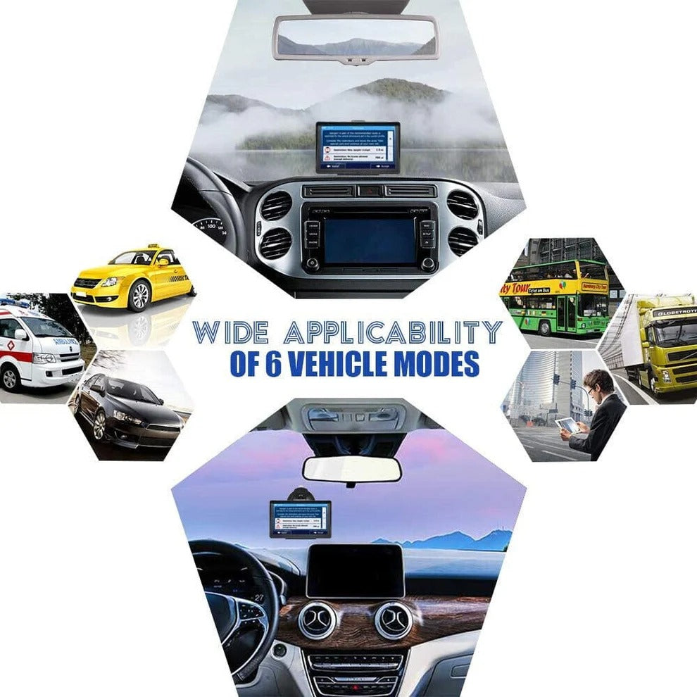 Belro 7-inch GPS navigation system with touchscreen display, showing a detailed map and route guidance.
