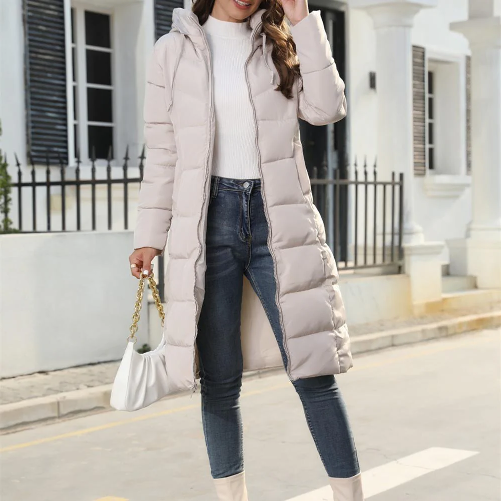 Belro women's long hooded down jacket with a padded design, featuring a zipper closure and cozy collar for winter warmth.