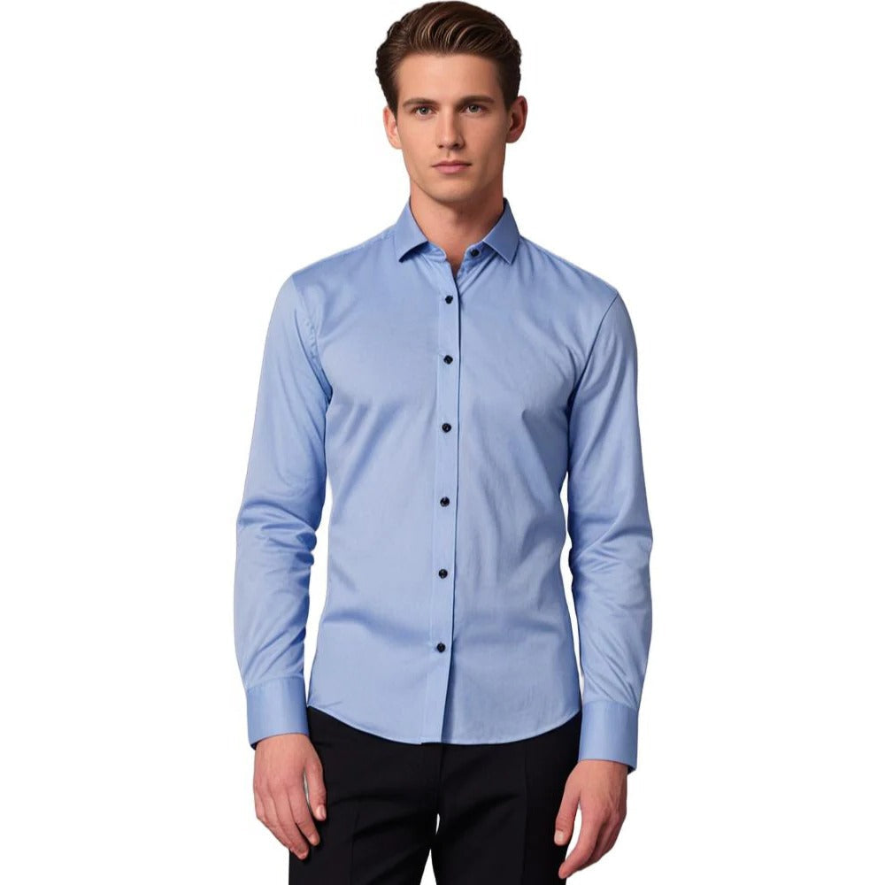 Men's Belro stretch shirt in a classic style, shown laid flat with collar and long sleeves visible.