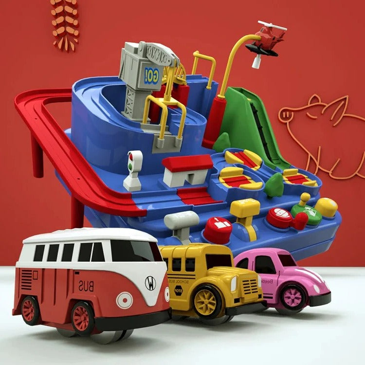 Children’s Belro mechanical vehicle track game with colorful cars and track pieces, designed for imaginative automotive play.
