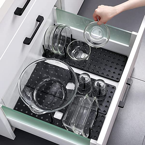 Belro Easy Adjustable Drain Rack for kitchen, featuring multiple slots for drying dishes and utensils on a countertop.