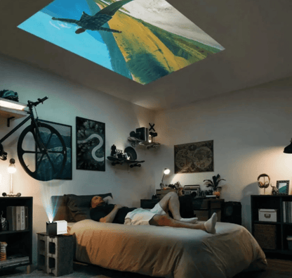 Belro Mini Movie Projector displaying a colorful image on a wall, compact electronic device for home entertainment.