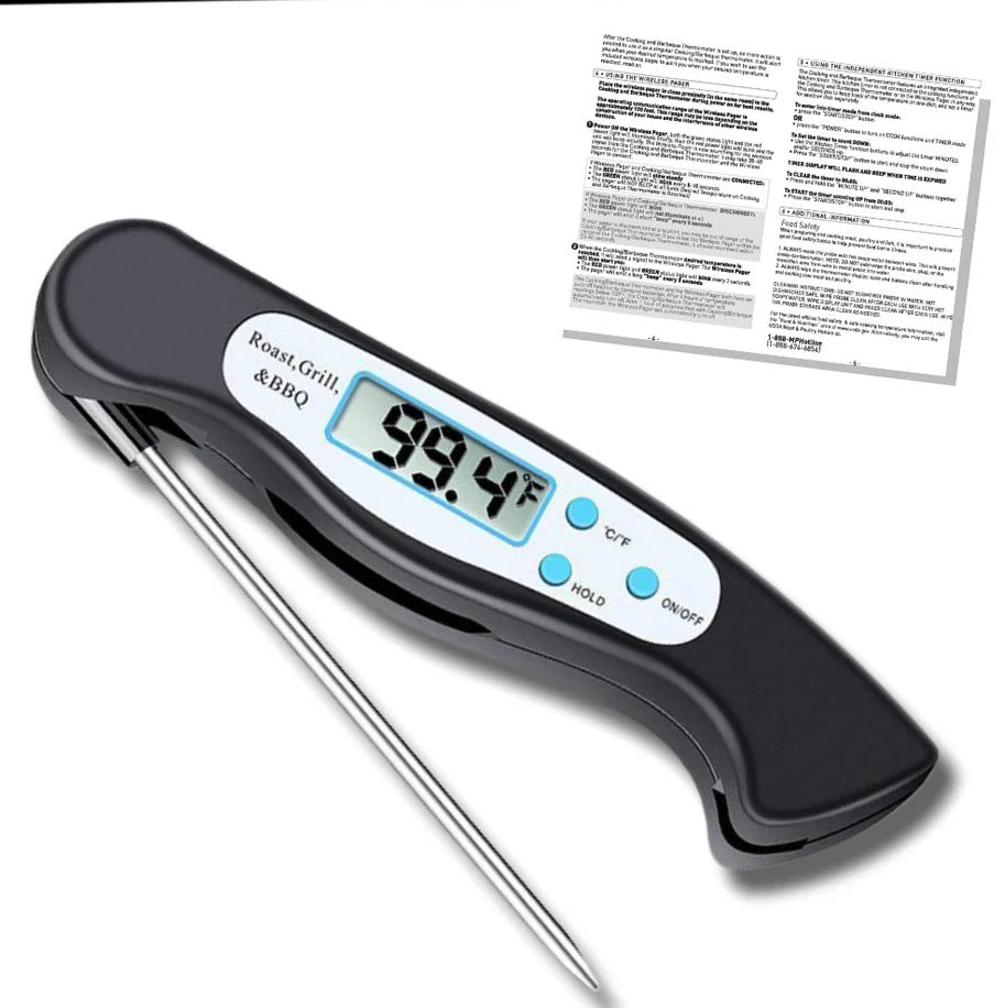 Belro digital food thermometer showing a stainless steel probe and digital display for accurate temperature reading