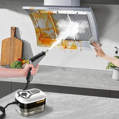 Belro high-pressure steam cleaning tool for outdoor use, shown in action with steam jets cleaning a surface.