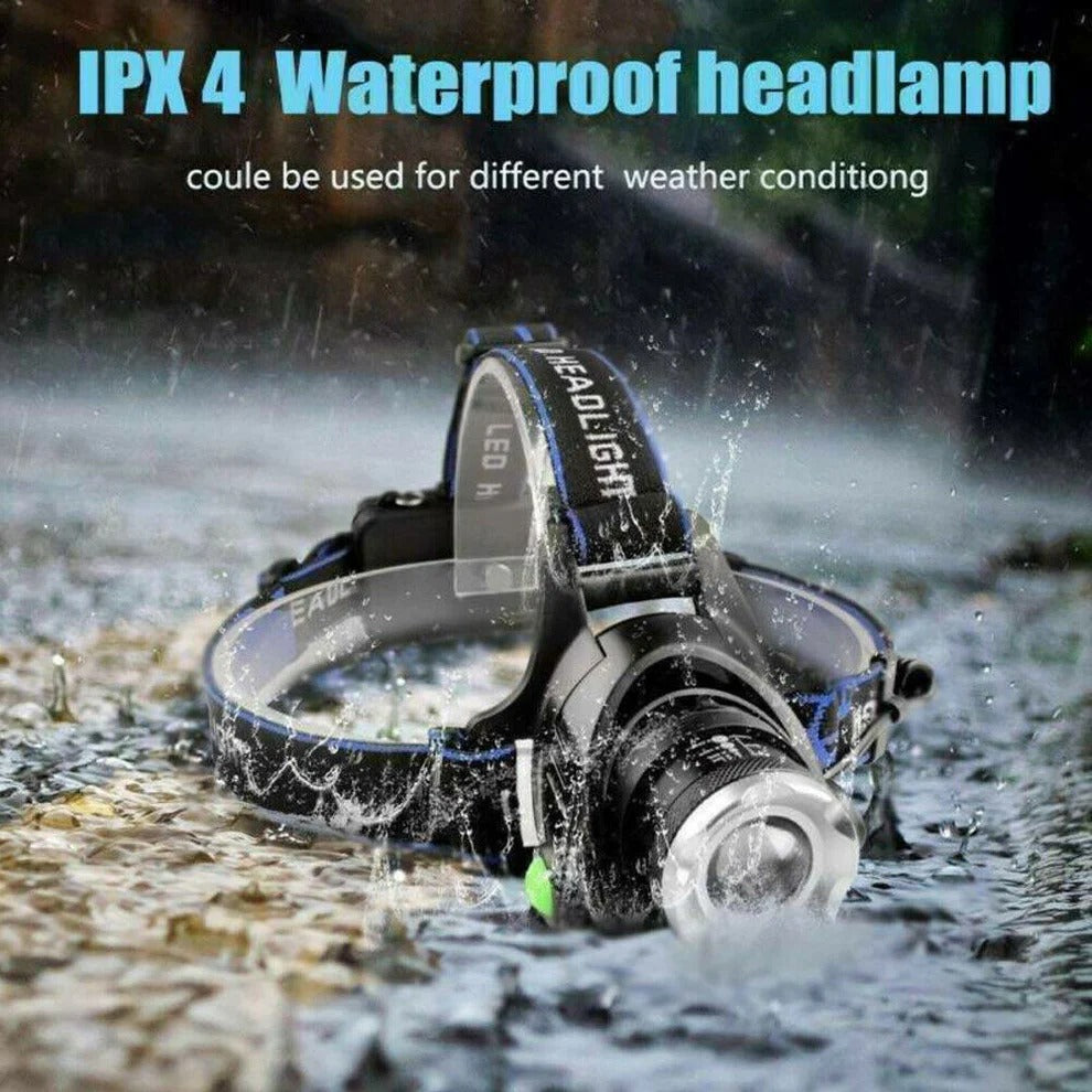 Belro rechargeable LED headlamp with adjustable straps, bright 990000 lumens, ideal for outdoor activities and nighttime use.