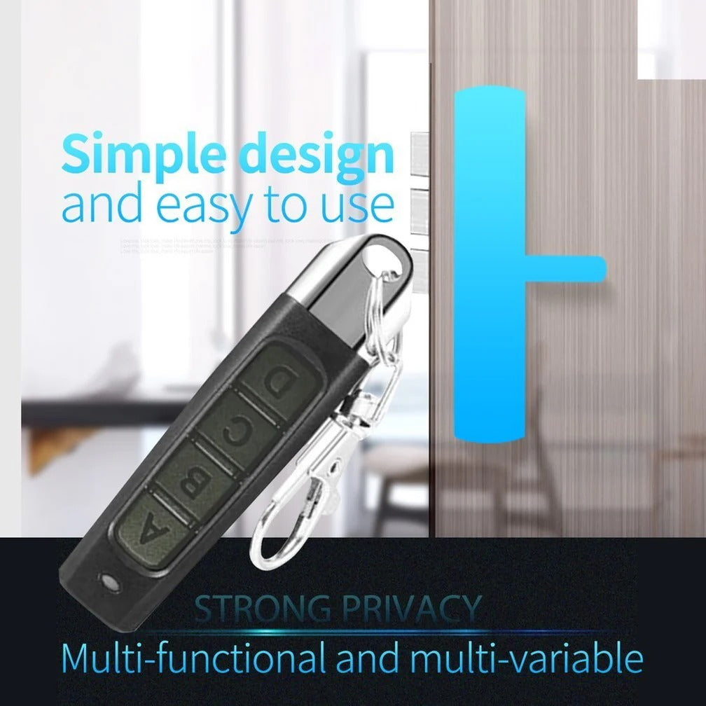 Belro 4-in-1 universal remote control duplicator for car, garage door, and gate, shown with remote device in outdoor setting