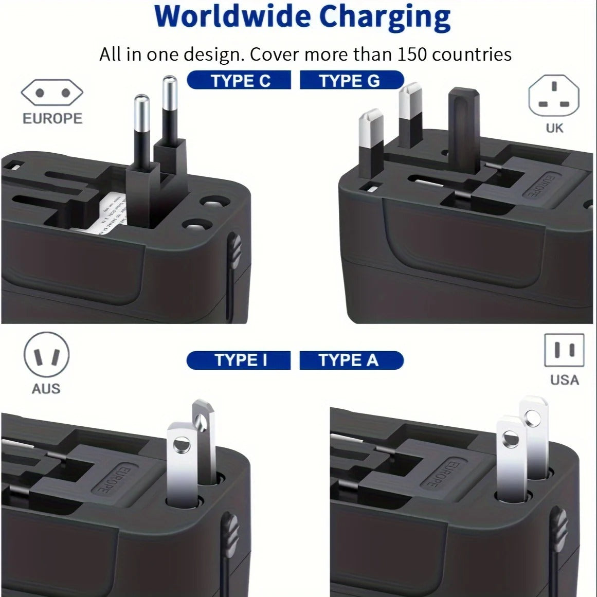 Belro worldwide travel adapter with dual USB charging ports, compact electronics accessory for international travel.