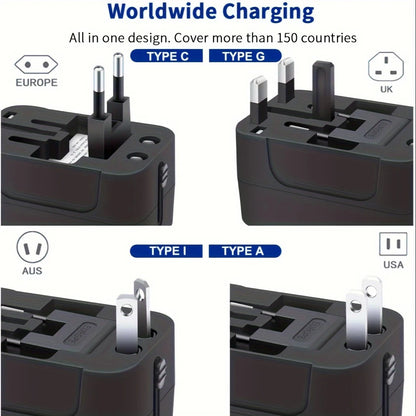 Belro worldwide travel adapter with dual USB charging ports, compact electronics accessory for international travel.