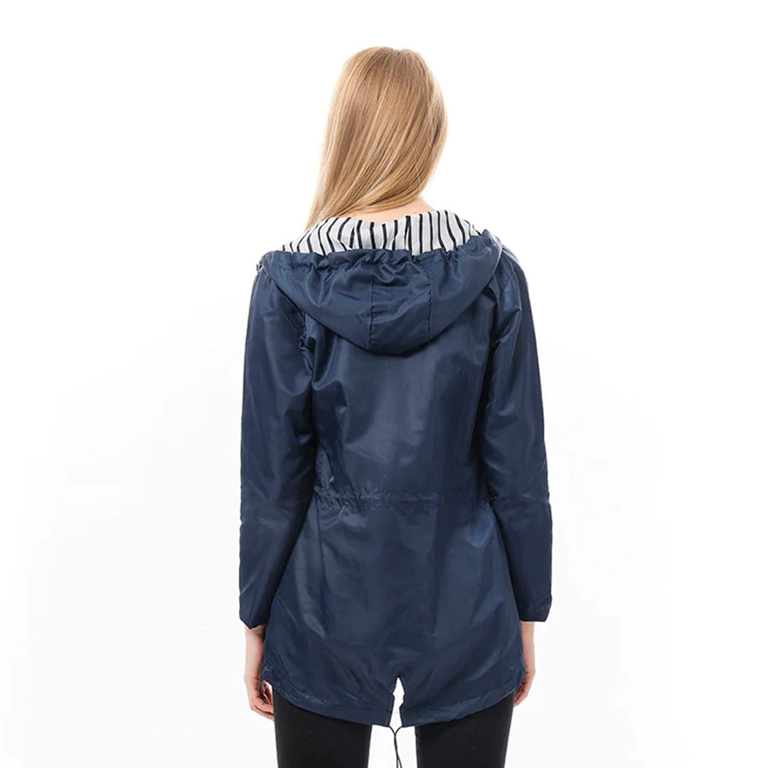 Long elegant Belro Mackintosh rain jacket for women, featuring a sleek design and waterproof fabric.