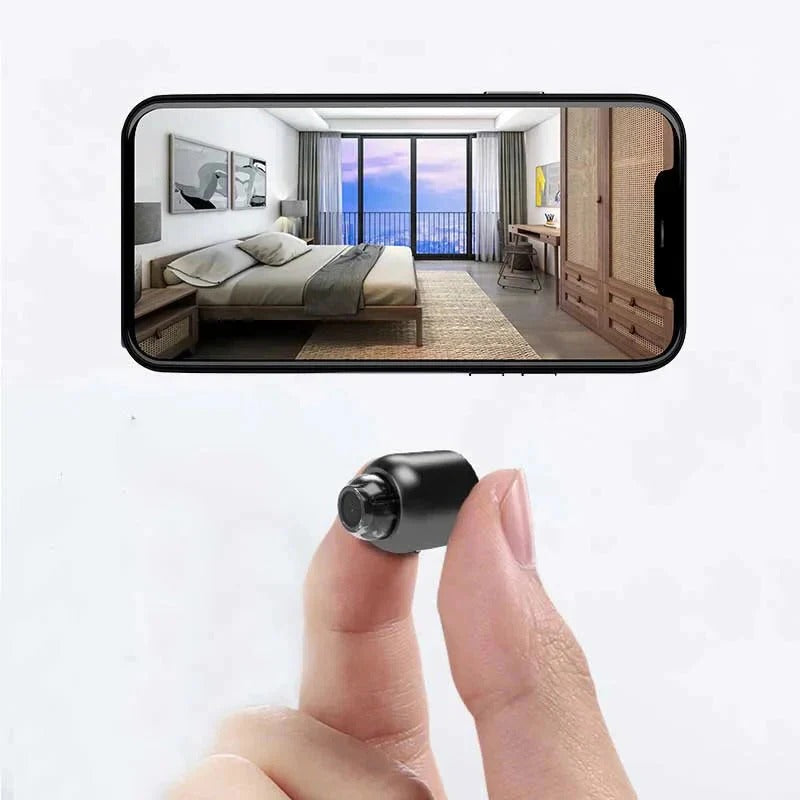 Belro small WiFi security camera with night vision, showing a compact black camera with lens and infrared LEDs for surveillance.