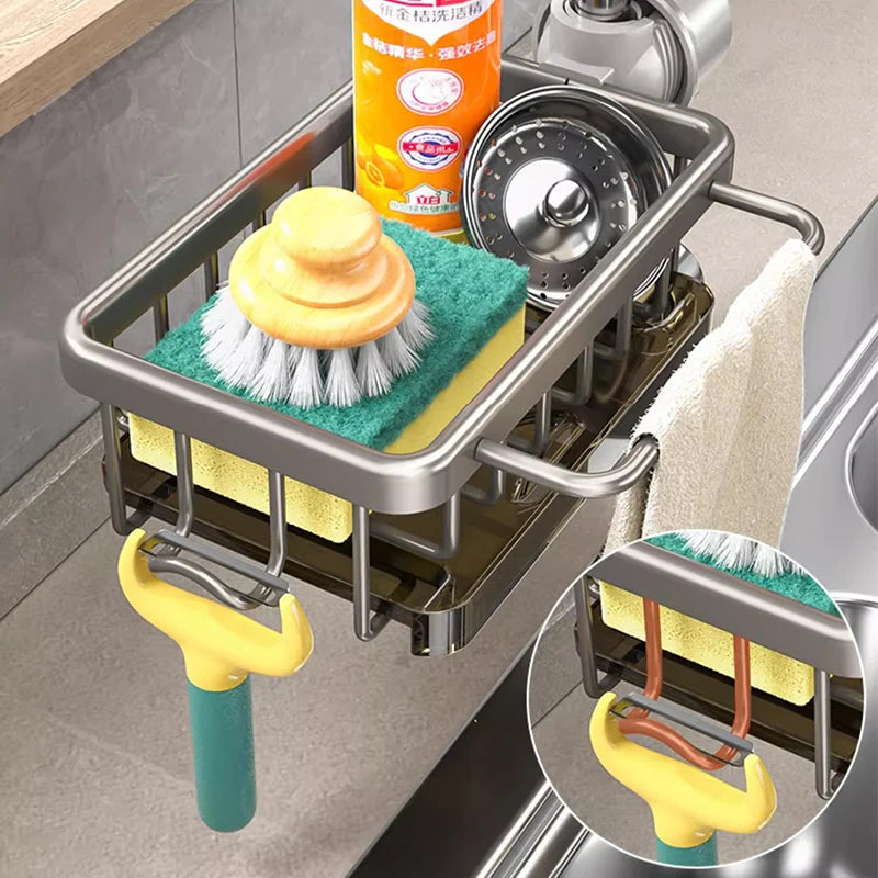 Belro Ultimate Sink Organizer for kitchen, featuring multiple compartments for dishes, sponges, and cleaning supplies.