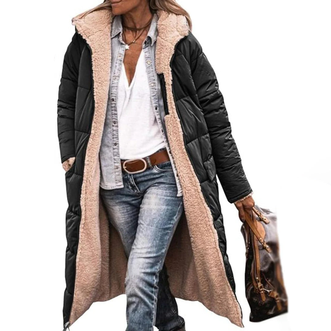 Belro long winter coat for women, stylish and warm, shown on a model with a high collar and full-length design.