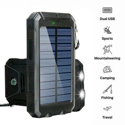 Belro 500000mAh waterproof solar power bank with multiple USB ports, rugged external design, and digital display for charging devices.
