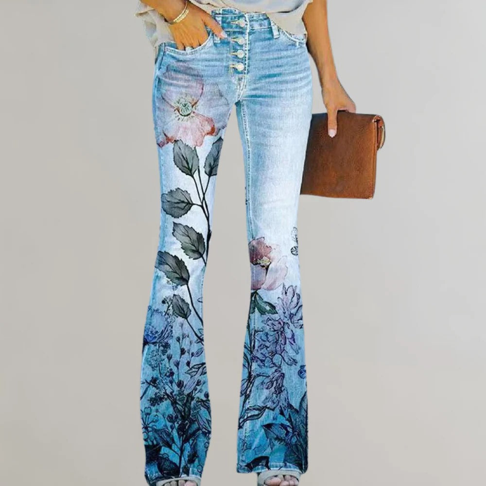 Belro women's flared trousers in denim fabric, stylish and comfortable, with a high waist and wide-leg silhouette.
