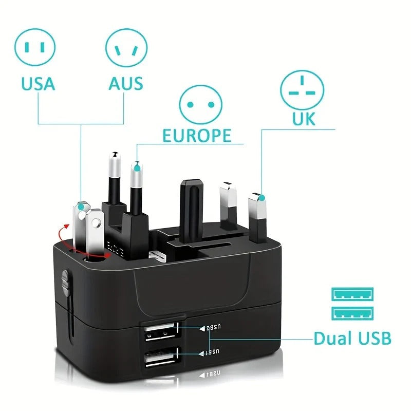 Belro worldwide travel adapter with dual USB charging ports and multiple plug options for international electronics use.