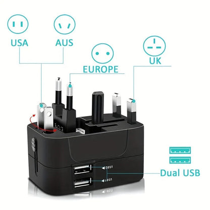 Belro worldwide travel adapter with dual USB charging ports and multiple plug options for international electronics use.