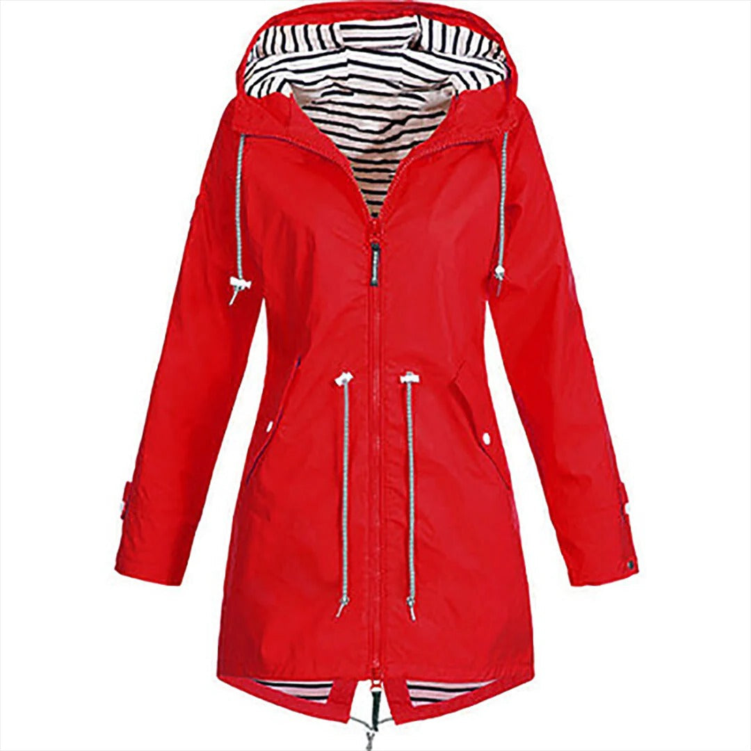 Long elegant Mackintosh rain jacket for women by Belro, showcasing a sleek, waterproof outerwear design with a sophisticated fit.