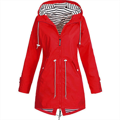 Long elegant Mackintosh rain jacket for women by Belro, showcasing a sleek, waterproof outerwear design with a sophisticated fit.