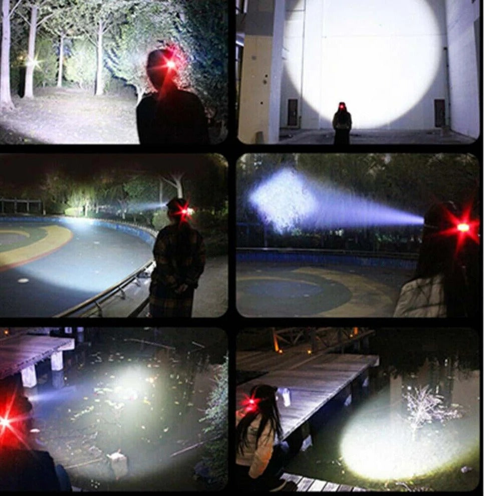 Belro rechargeable LED headlamp with high brightness 990000 lumens, adjustable strap, and durable design for outdoor lighting.