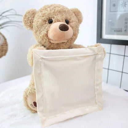 Belro Peek-A-Boo-Teddy interactive plush toy in men's clothing, soft fabric with playful teddy bear design.