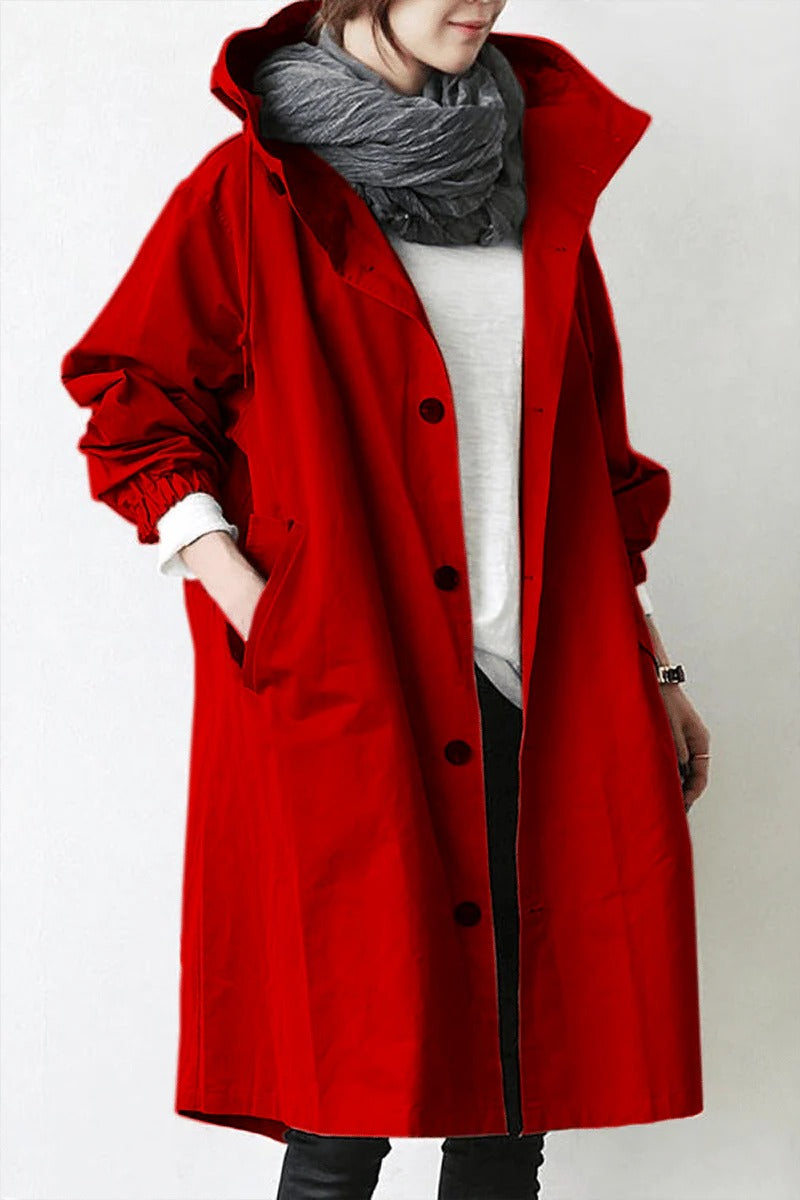 Belro hooded waterproof trench coat displayed on a hanger, showcasing its classic design and durable fabric for rainy weather.