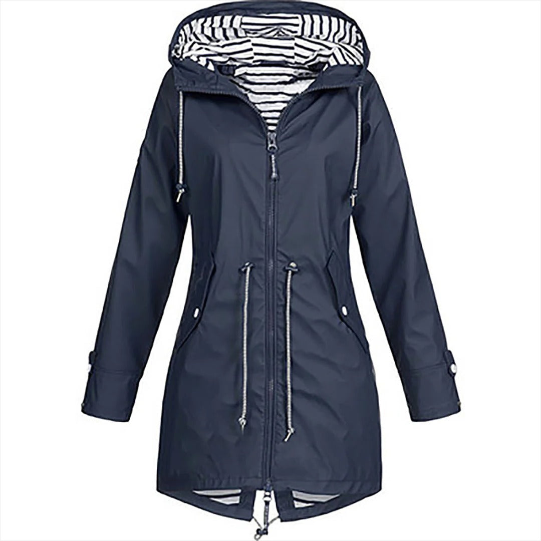 Long elegant Belro Mackintosh rain jacket for women, featuring a sleek design and waterproof fabric, displayed on a hanger.