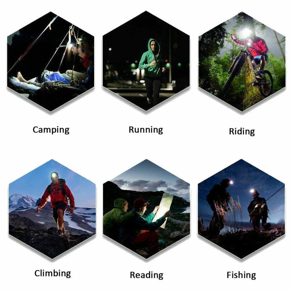 Belro rechargeable LED headlamp with adjustable straps and bright 990000 lumens for outdoor or work lighting.