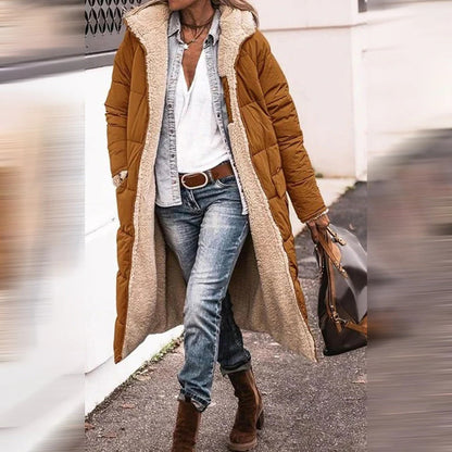 Belro long winter coat for women, stylish and warm, shown hanging on a rack with a fur-lined hood and quilted design.