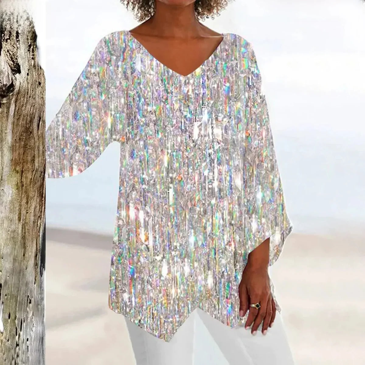 Women's vintage V-neck top by Belro featuring an elegant fit, shown in a stylish fabric with a classic neckline and tailored design.