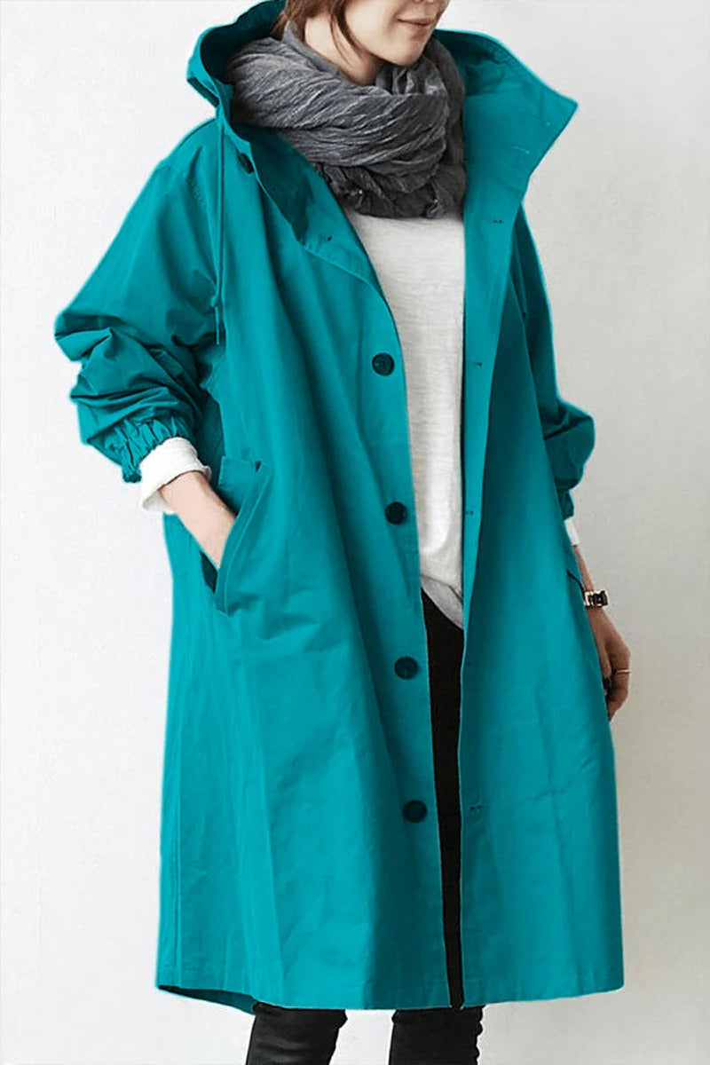 Belro waterproof hooded trench coat with adjustable drawstrings and rain-resistant fabric, perfect for rainy weather.