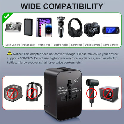 Belro worldwide travel adapter with dual USB charging ports, compact electronic device for international travel.