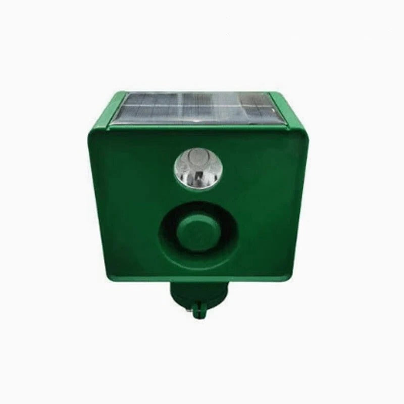 Belro Beast Repellent Solar Warning Lights for outdoor pest control, showing solar panels and bright warning lights in a garden setting.