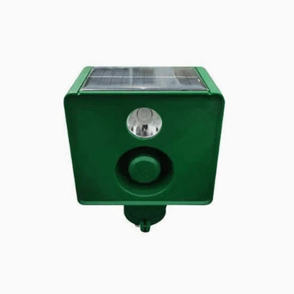 Belro Beast Repellent Solar Warning Lights for outdoor pest control, showing solar panels and bright warning lights in a garden setting.