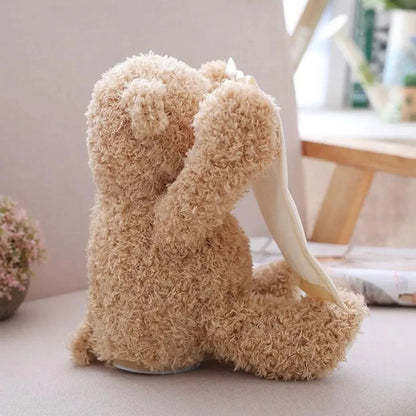 Belro Peek-A-Boo-Teddy interactive plush toy dressed in men's clothing, soft fabric, and playful design for kids and collectors.