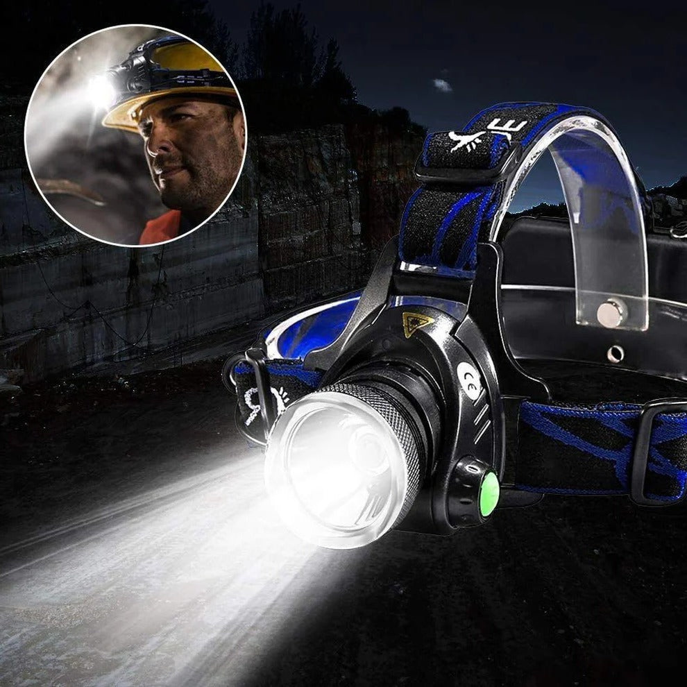 Belro rechargeable LED headlamp with 990000 lumens, bright lighting for outdoor activities and nighttime use.