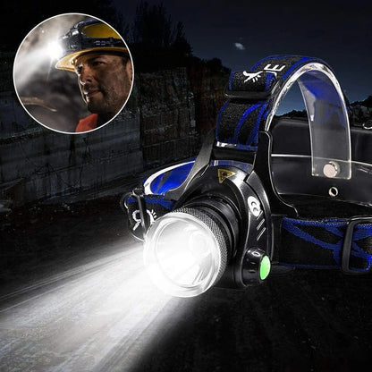 Belro rechargeable LED headlamp with 990000 lumens, bright lighting for outdoor activities and nighttime use.