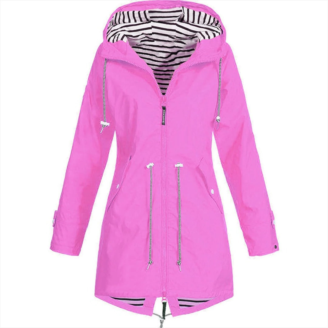 Long elegant Mackintosh rain jacket for women by Belro, shown in classic waterproof design with a tailored fit.