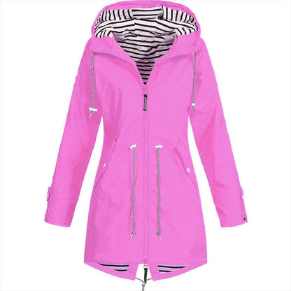 Long elegant Mackintosh rain jacket for women by Belro, shown in classic waterproof design with a tailored fit.