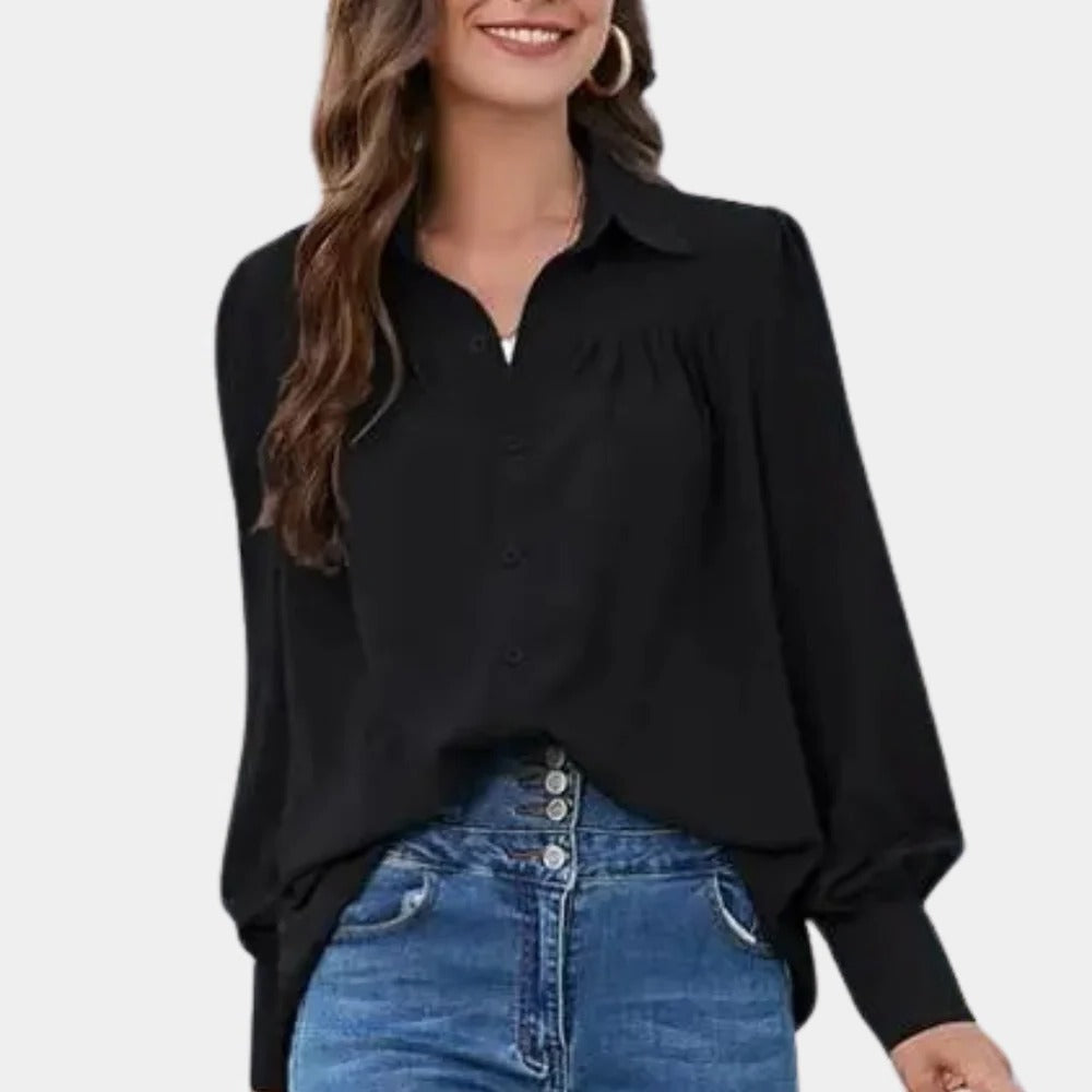 Belro pleated long sleeve women's blouse with a flowy design and button-down front, shown in a stylish clothing top image