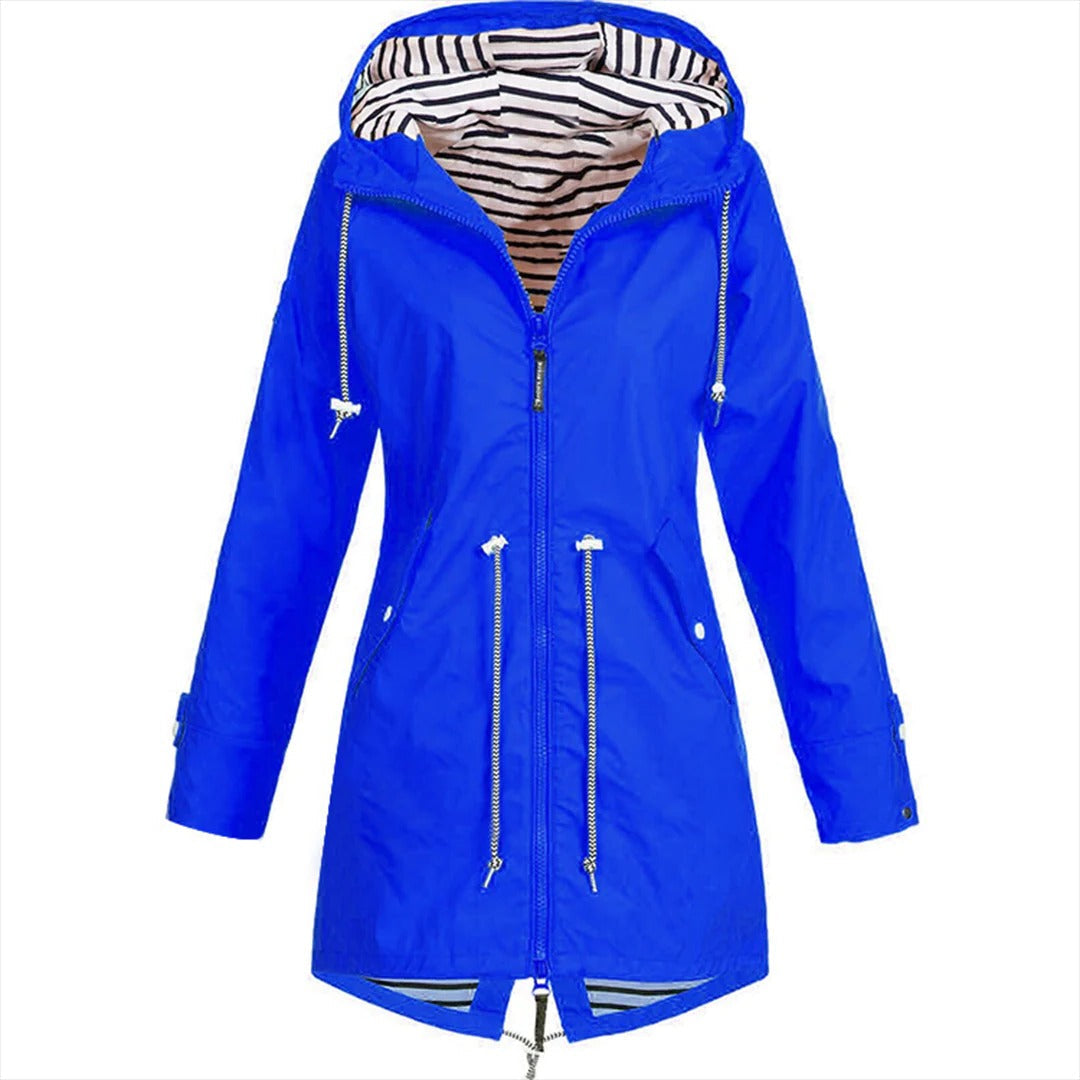 Elegant long Belro rain jacket for women, stylish waterproof Mackintosh with a sleek design and tailored fit.