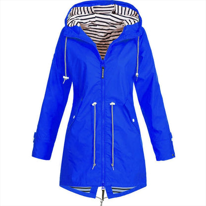 Elegant long Belro rain jacket for women, stylish waterproof Mackintosh with a sleek design and tailored fit.