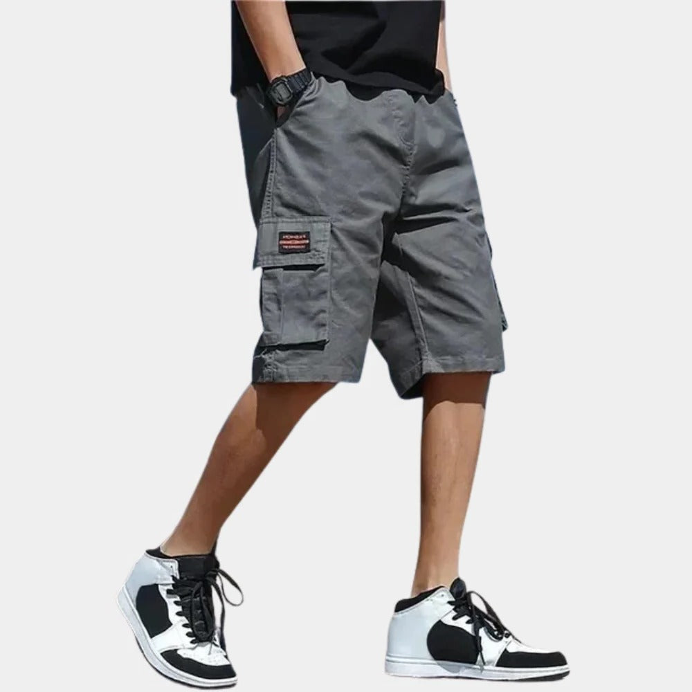 Belro men's cargo shorts in khaki with multiple pockets, casual summer clothing for men, front and side views.